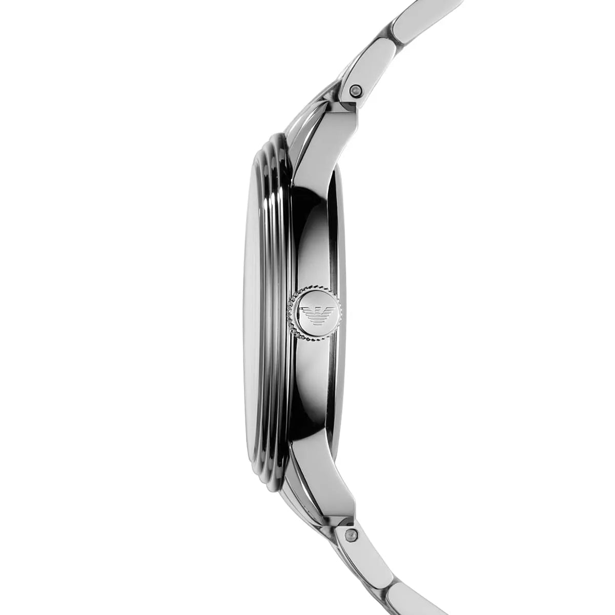 Emporio Armani AR1620 watch angled view of case profile and silver-tone stainless steel strap