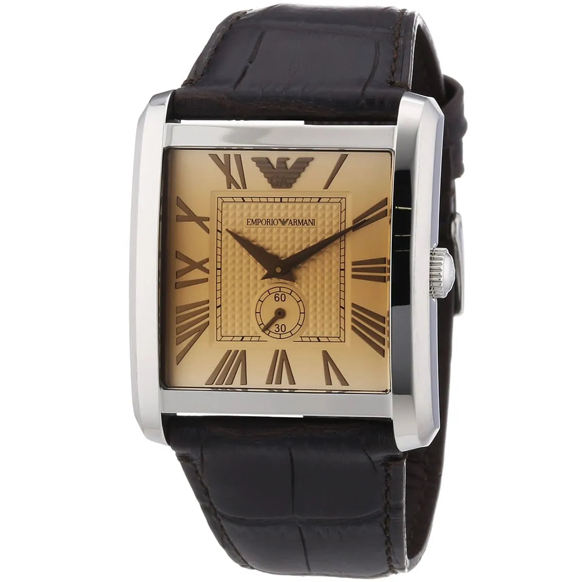 Emporio Armani Marco AR1641 angled view showing stainless steel case and brown crocodile leather strap