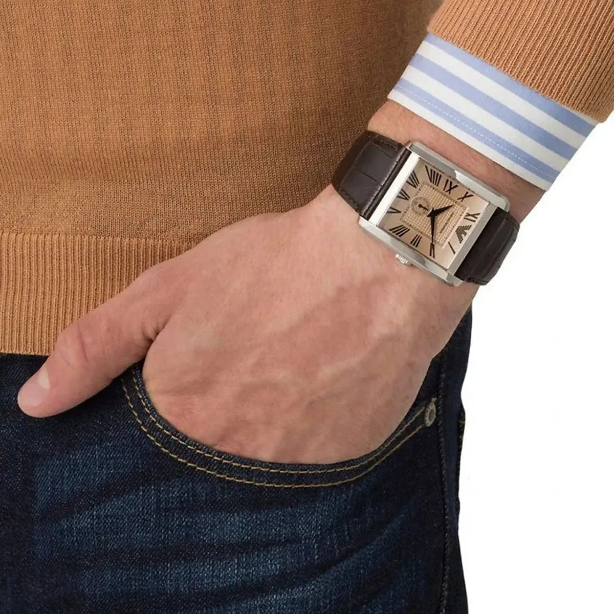 Emporio Armani Marco AR1641 watch worn on wrist showing beige dial and brown leather strap