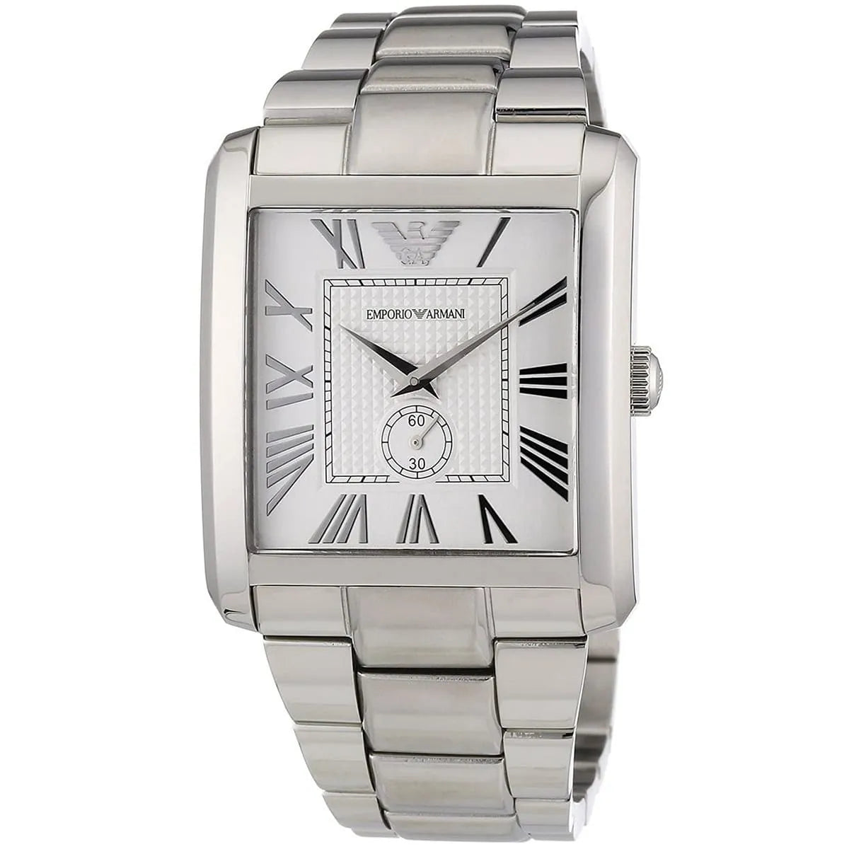 AR1643 Emporio Armani watch angled side view showing square case and metal bracelet