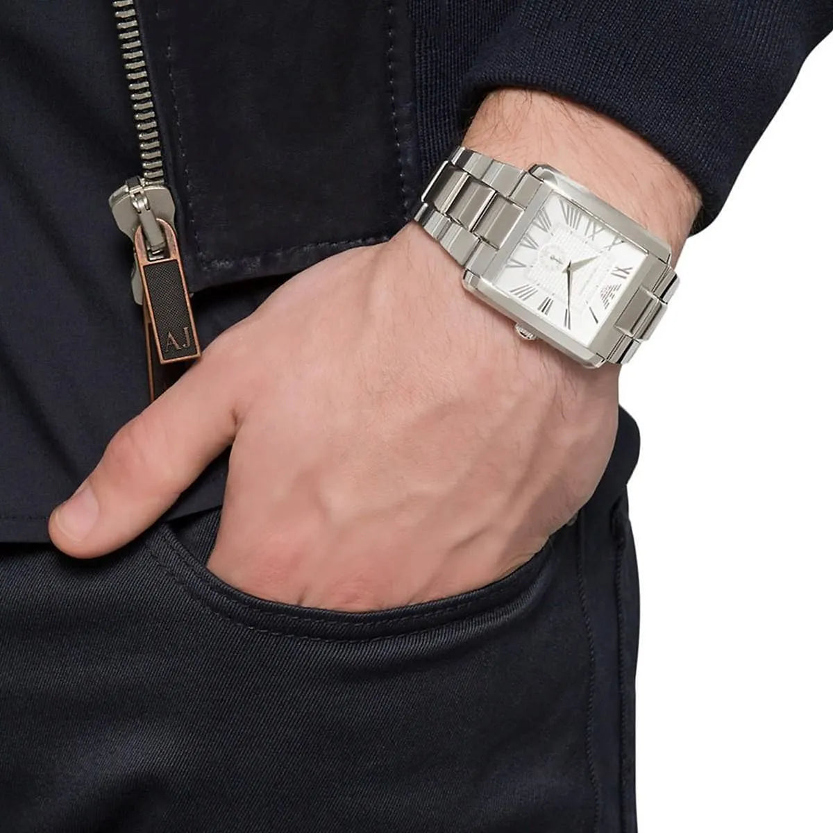 AR1643 Emporio Armani men's watch worn on wrist with white dial and square case