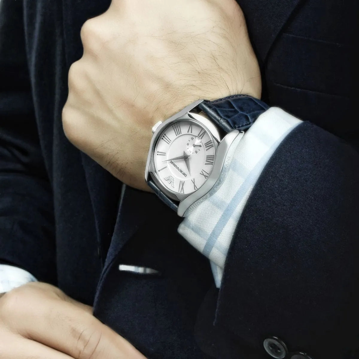 Emporio Armani Valente AR1666 watch worn on wrist with Roman numeral dial