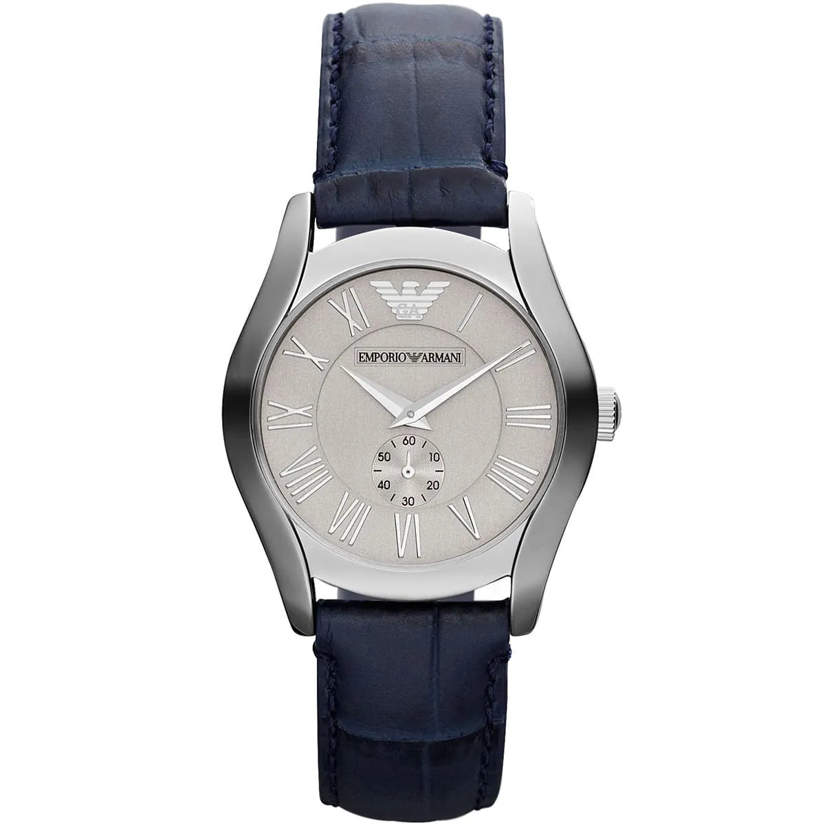 Three-quarter view of Emporio Armani AR1668 with silver case and navy quilted leather band