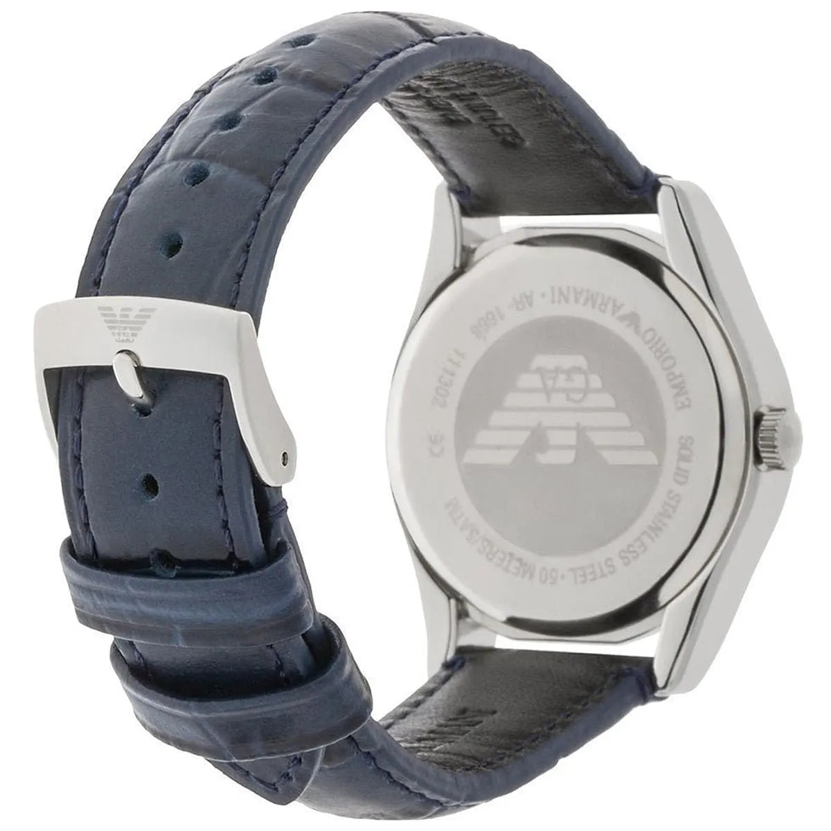 Side view of Emporio Armani AR1668 showing case profile and navy leather strap