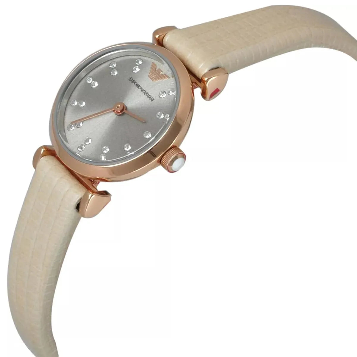 Emporio Armani AR1687 Gianni T-Bar Mini watch at angle showing case and beige leather strap