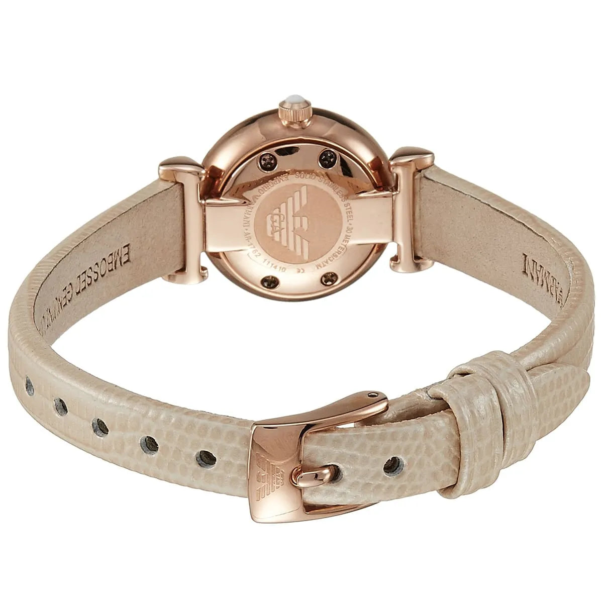 Emporio Armani Gianni T-Bar Mini watch caseback view with rose gold case and beige leather