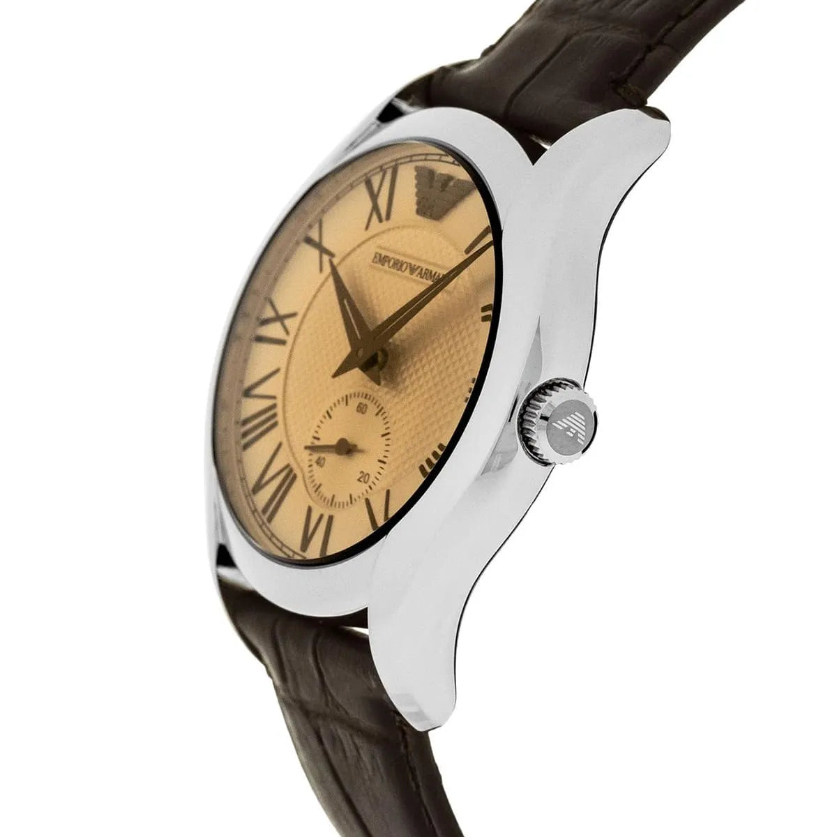 Side angle of AR1709 showing profile with amber dial and brown leather strap