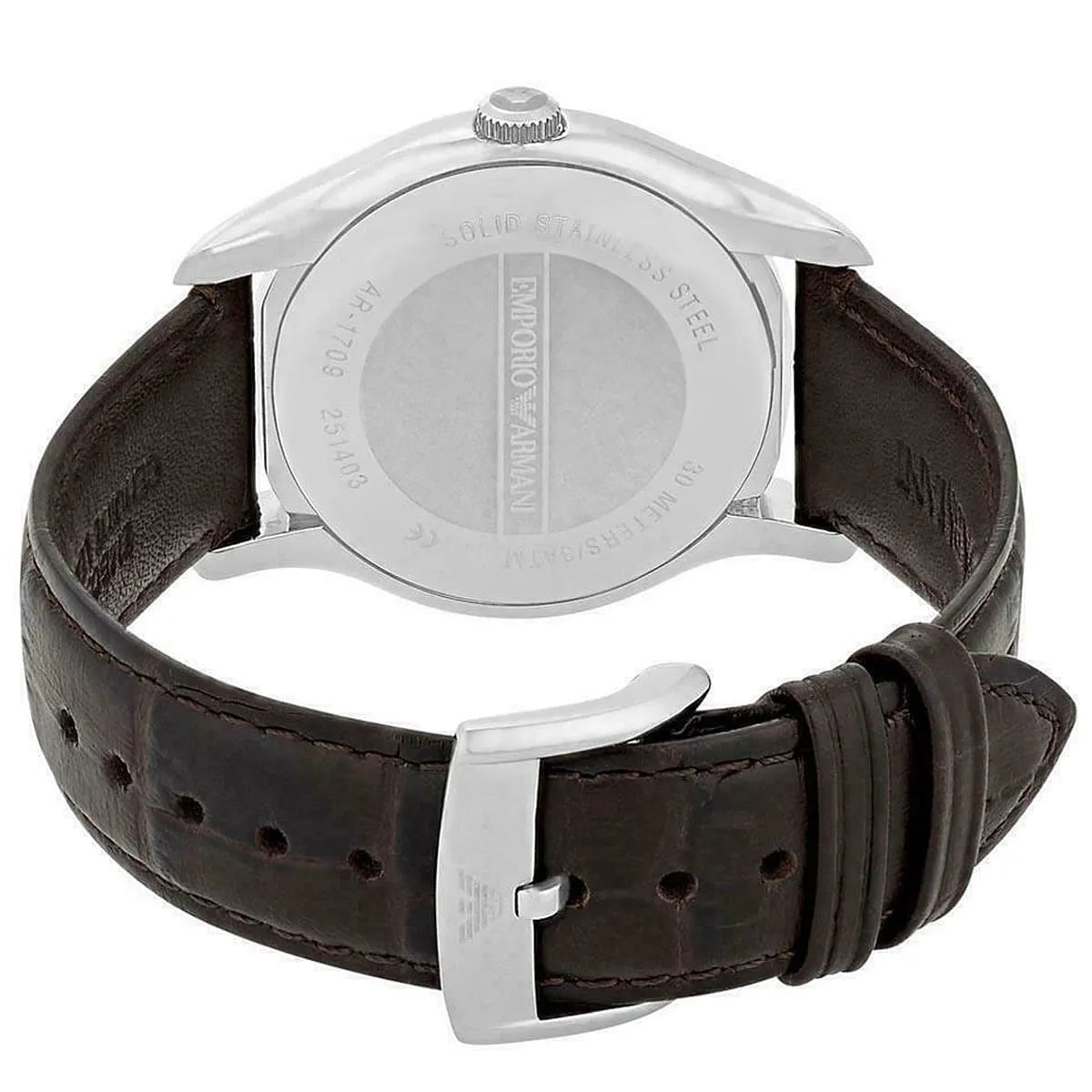 Thin side profile view of AR1709 stainless steel case with brown leather band