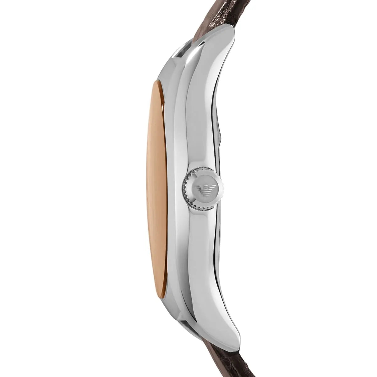 Side profile of AR1709 showing stainless steel case thickness and brown leather strap