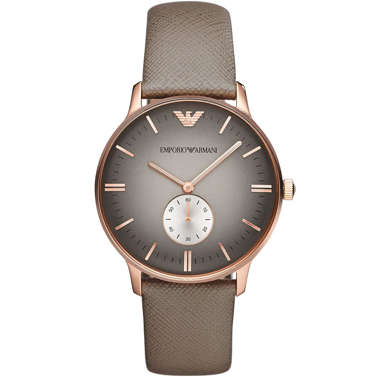 Emporio Armani AR1723 men's watch with gray dial, rose gold case, and gray leather strap