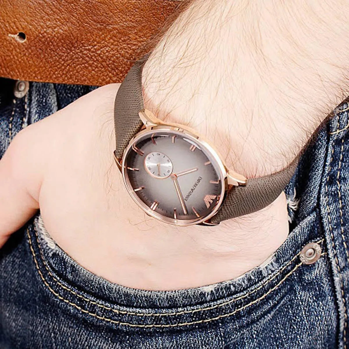Emporio Armani AR1723 watch worn on wrist with gray dial and leather strap