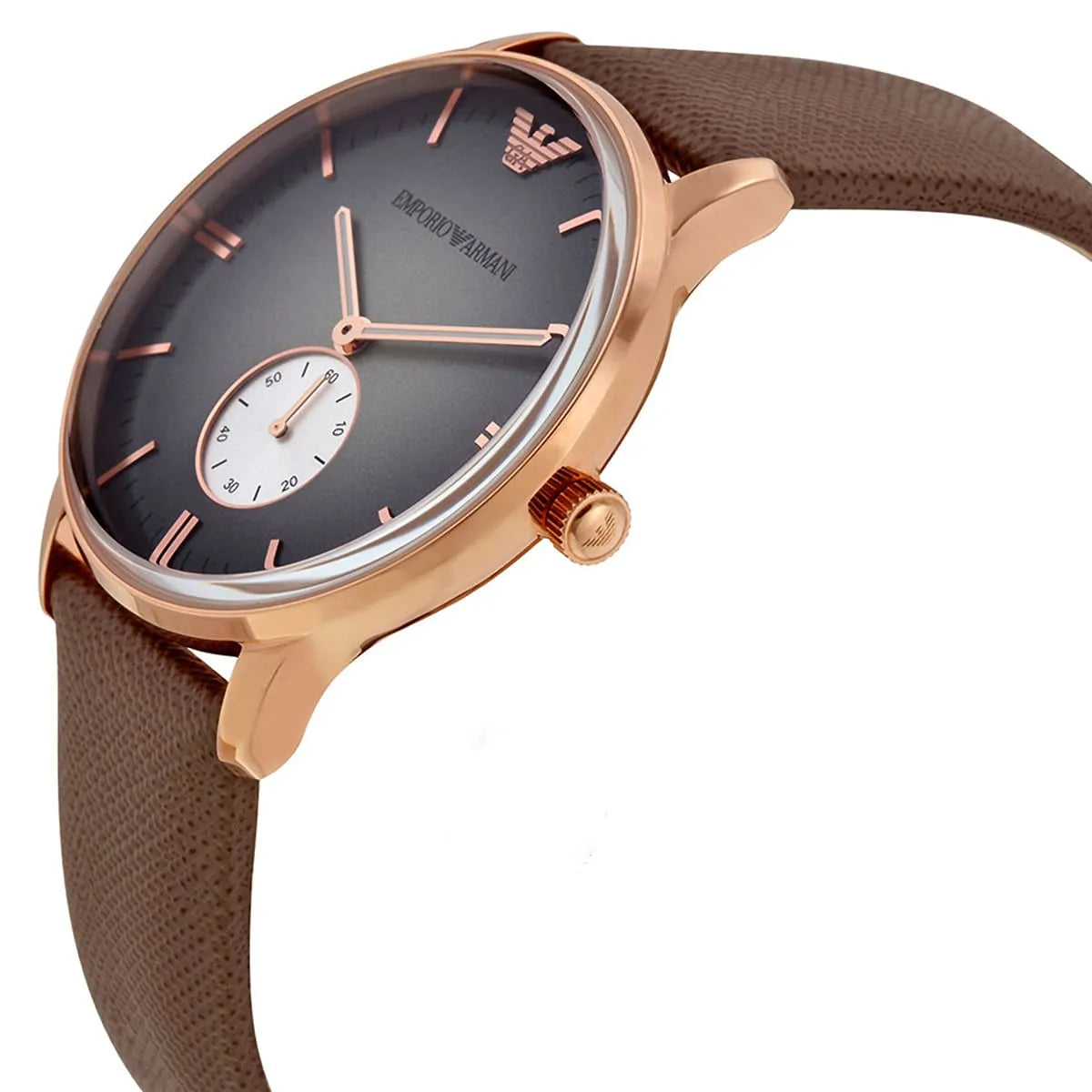 Emporio Armani AR1723 side profile with gray leather band and rose gold case