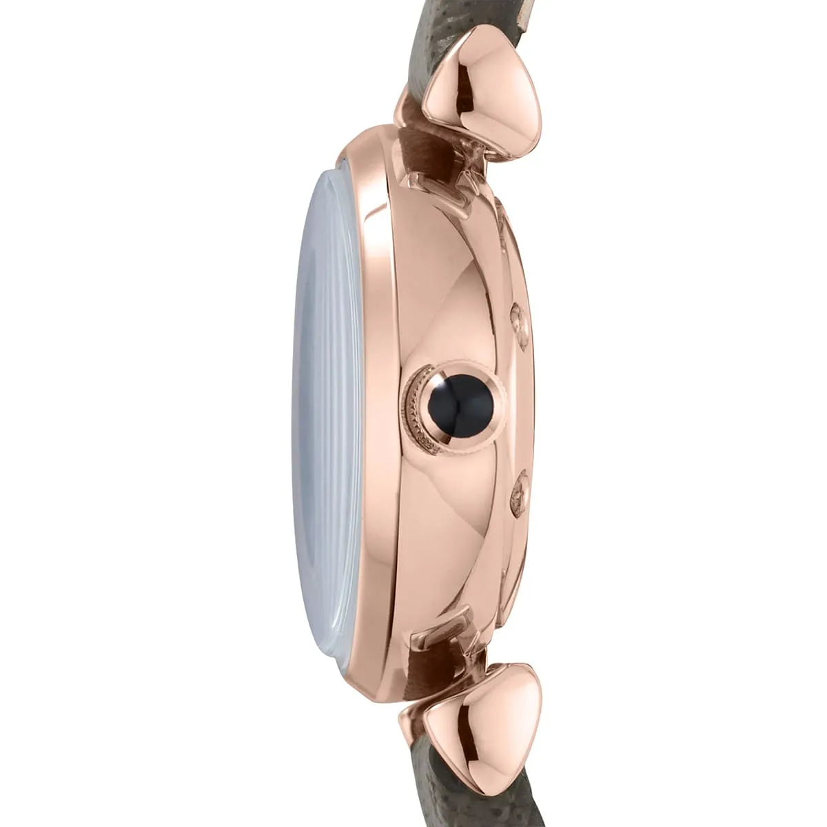 Emporio Armani AR1727 side profile showing rose gold case and gray leather strap