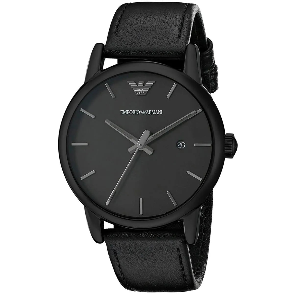 AR1732 three-quarter view showing black round case, minimalist dial, and black leather strap