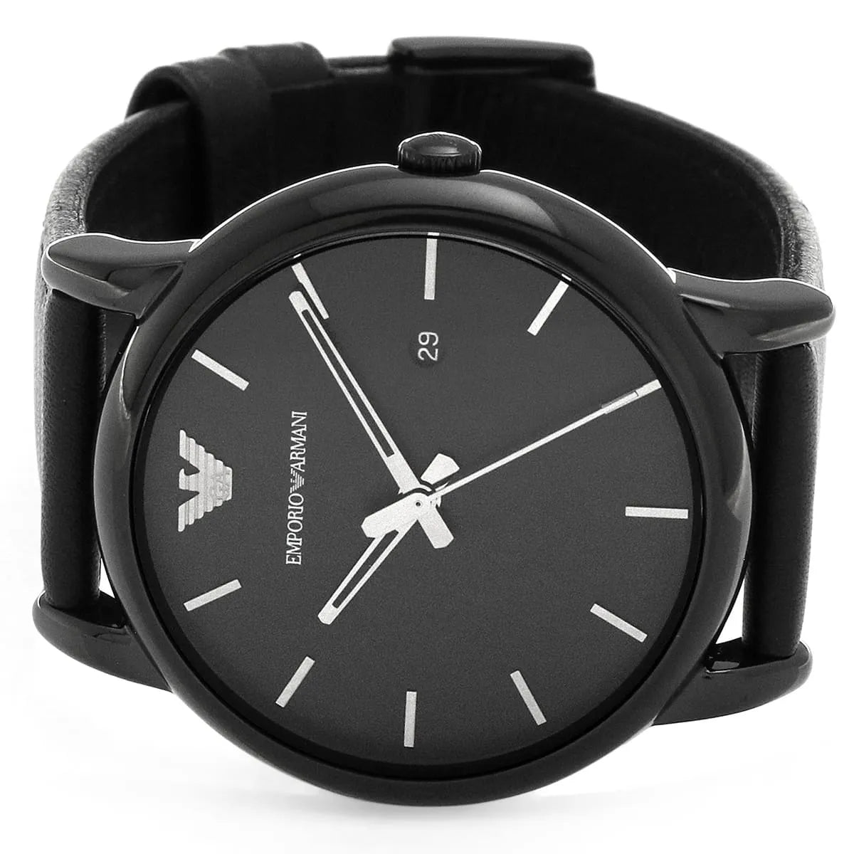 AR1732 flat lay front view with black leather strap showing minimalist index markers