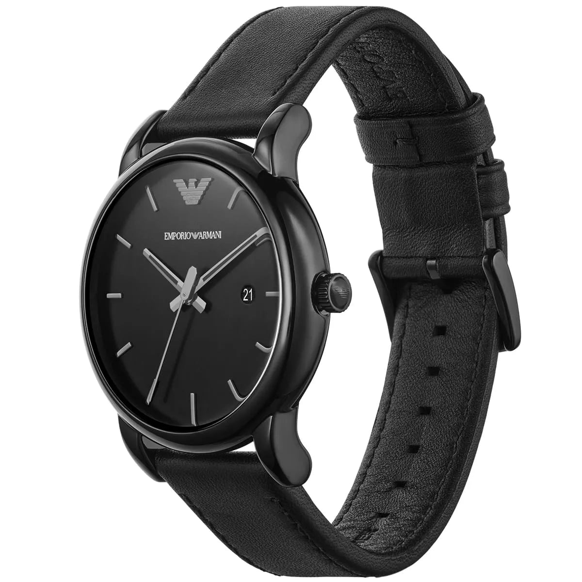 Emporio Armani AR1732 all-black watch worn on wrist with black leather strap