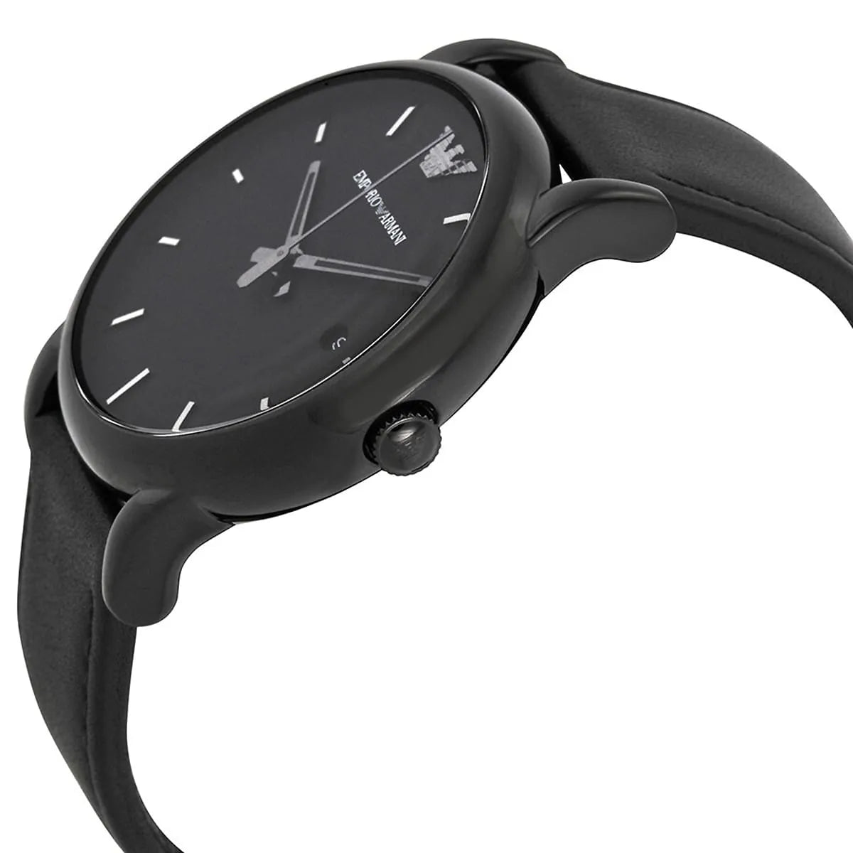 AR1732 side profile showing watch thickness and black leather strap with adjustment holes
