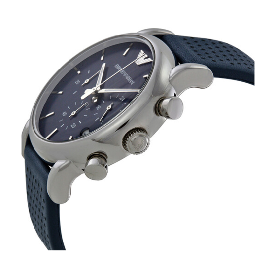 Emporio Armani Luigi AR1736 chronograph watch angled side view with black leather strap