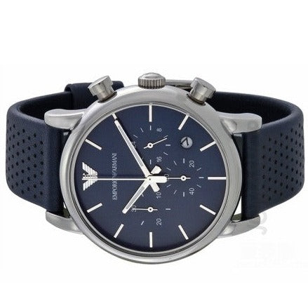 Emporio Armani Luigi AR1736 chronograph watch featuring blue dial with subdials and stainless steel case