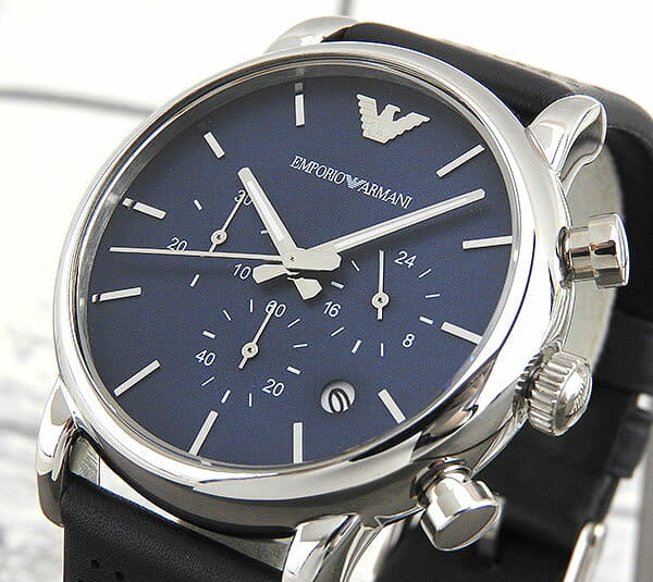 Emporio Armani Luigi AR1736 chronograph watch front view showing blue dial and stainless steel case