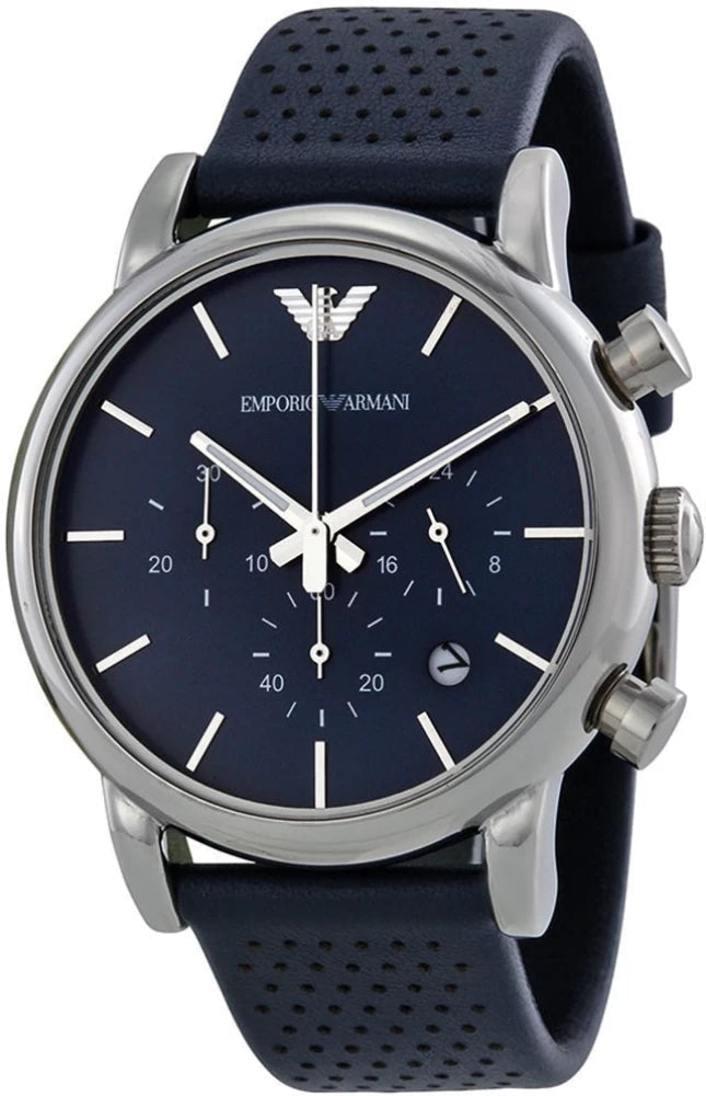 Emporio Armani Luigi AR1736 chronograph watch with blue dial and black leather strap on wrist
