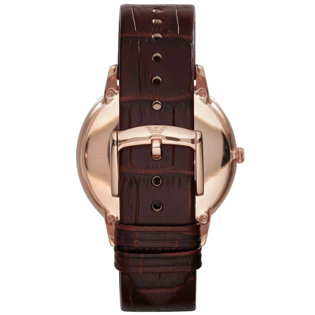 Emporio Armani Dino Slim AR1743 caseback showing rose gold case, brown crocodile leather strap with buckle