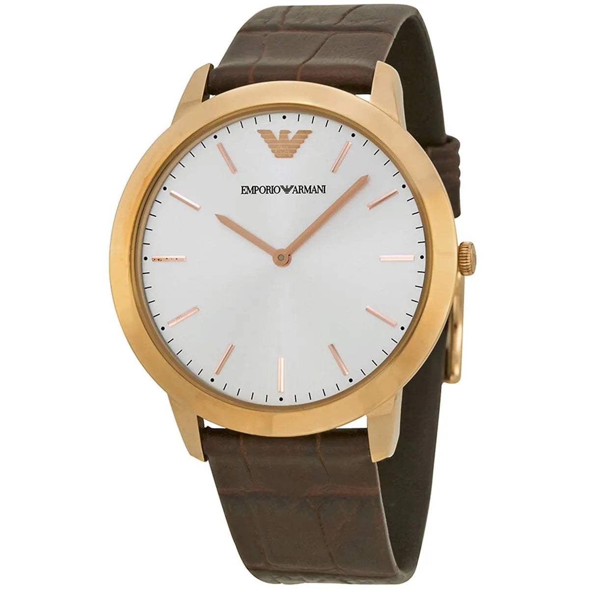 Emporio Armani Dino Slim AR1743 angled view showing gold case, white dial, and croc-textured brown strap