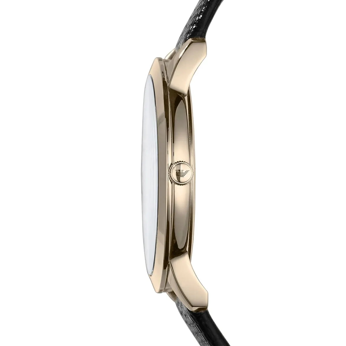 Side profile of Emporio Armani Dino Slim Medium watch with rose gold case and black strap
