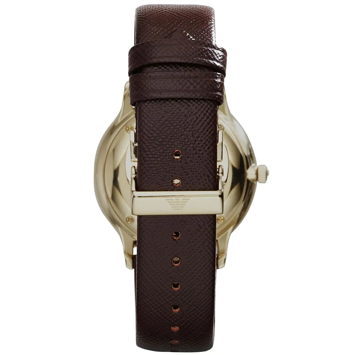 Case back view of Emporio Armani Alpha Medium watch showing brown leather strap and case closure