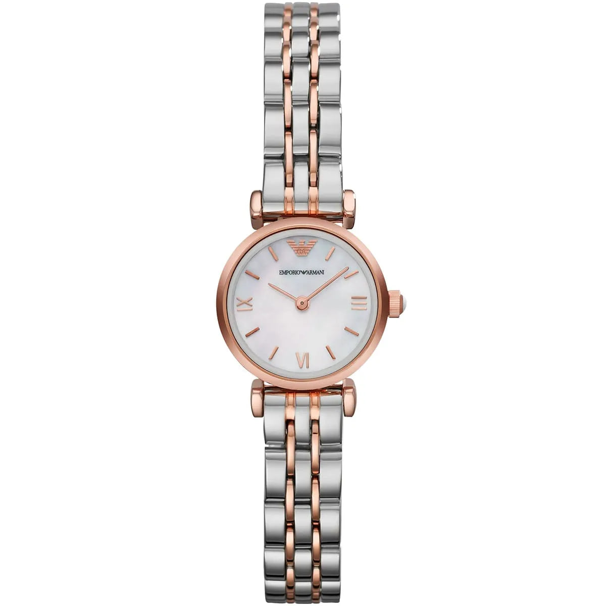 Emporio Armani Gianni T-Bar Mini women's watch with white MOP dial and two-tone bracelet