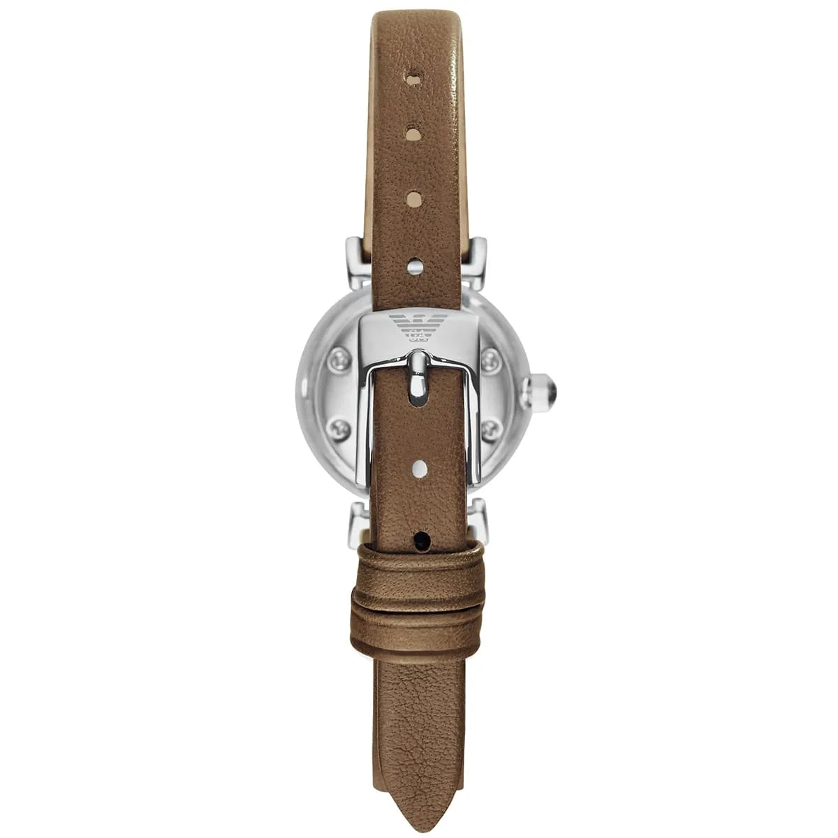 Angled view of Emporio Armani Gianni T-Bar Mini watch showing case and brown leather strap