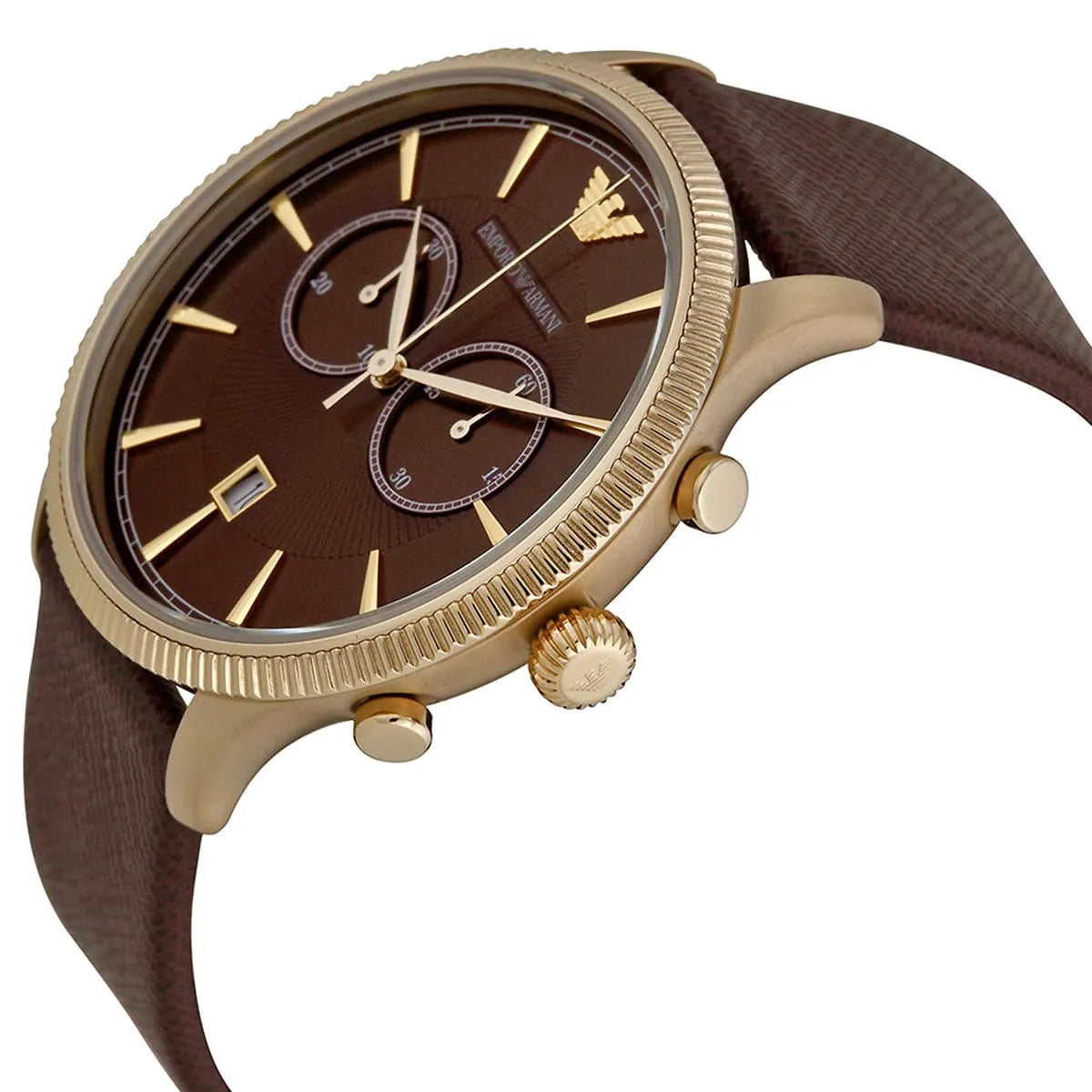 AR1793 angled view displaying brown dial, chronograph subdials, and leather strap