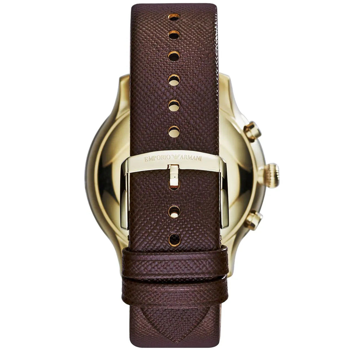 AR1793 caseback showing solid stainless steel back and brown leather strap