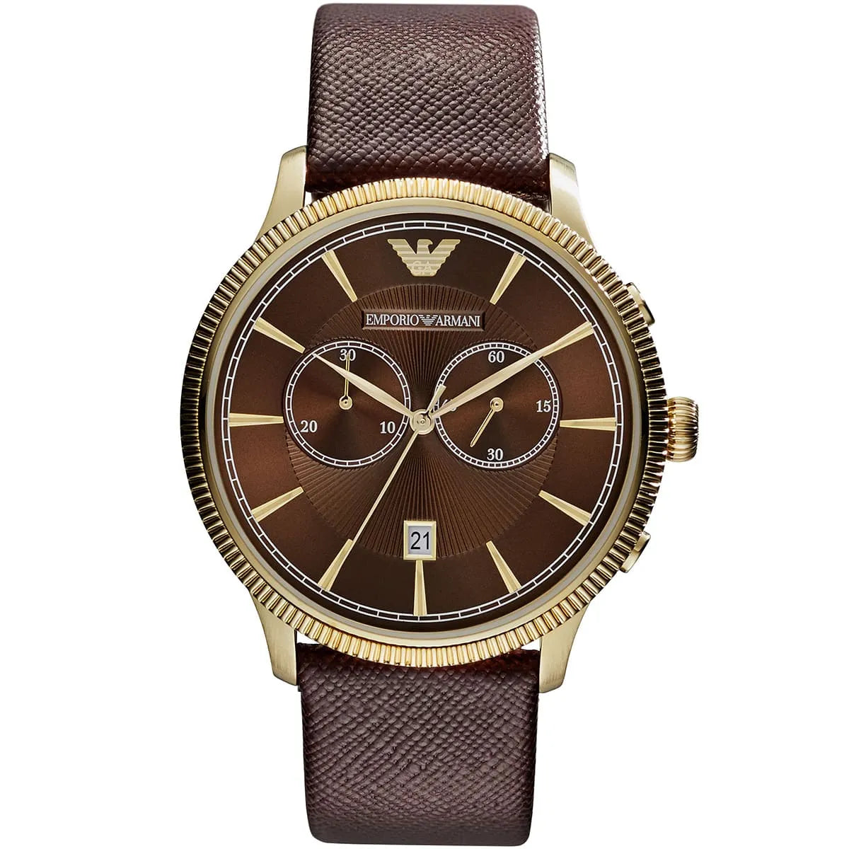 Emporio Armani AR1793 watch front view with brown dial and gold-tone bezel