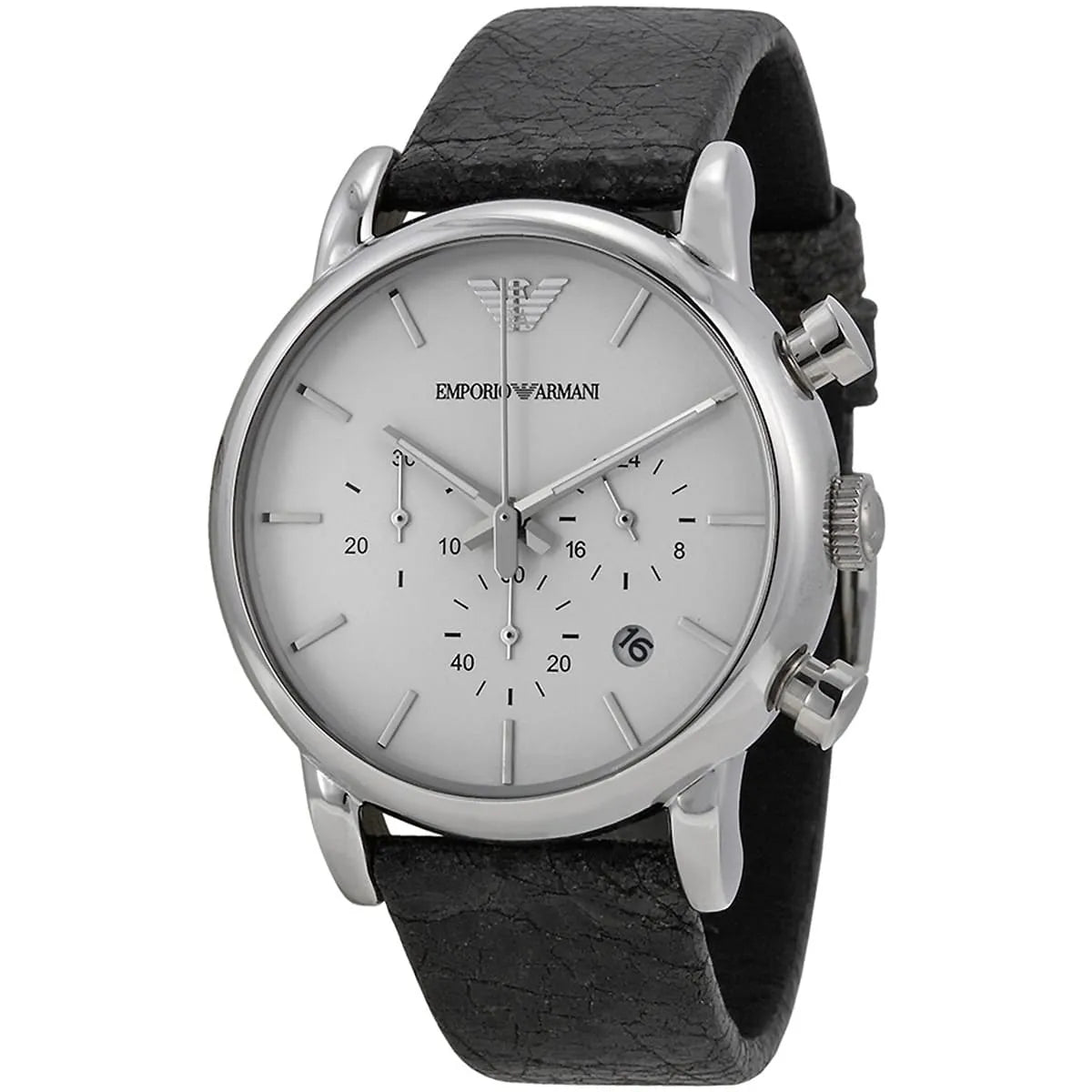 Emporio Armani Luigi AR1810 chronograph watch angled view showing white dial and stainless steel case