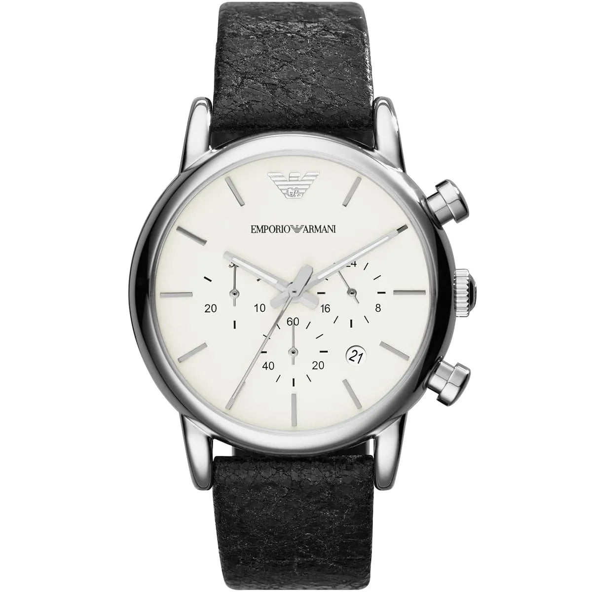 Emporio Armani Luigi Large AR1810 watch with white chronograph dial and black leather strap