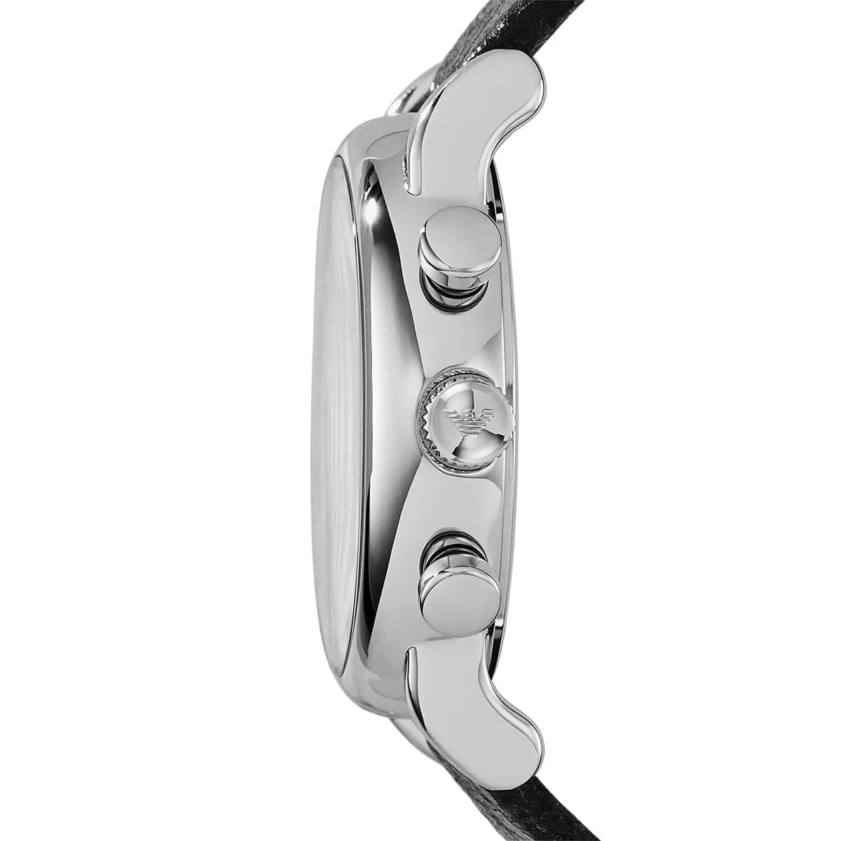 Emporio Armani Luigi AR1810 watch side profile displaying chronograph pushers and black strap