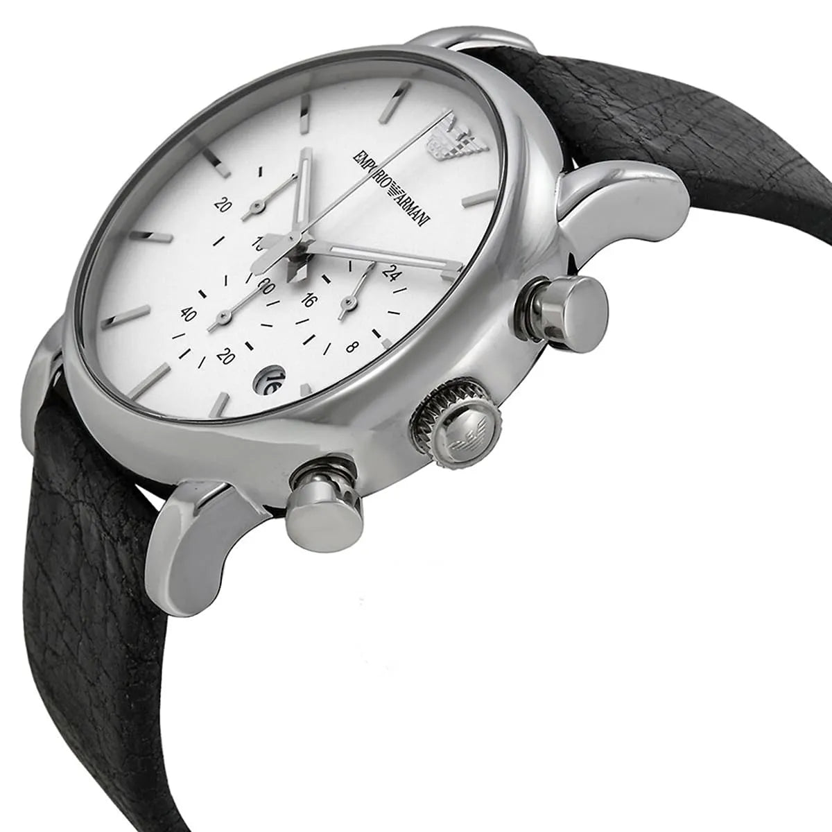 Emporio Armani Luigi AR1810 chronograph watch side view showing black leather strap and pushers