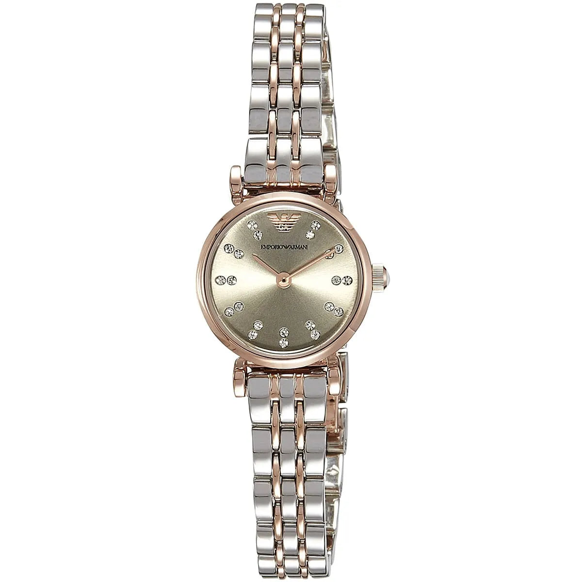 Emporio Armani AR1841 analog watch with silver and rose gold two-tone bracelet and beige face