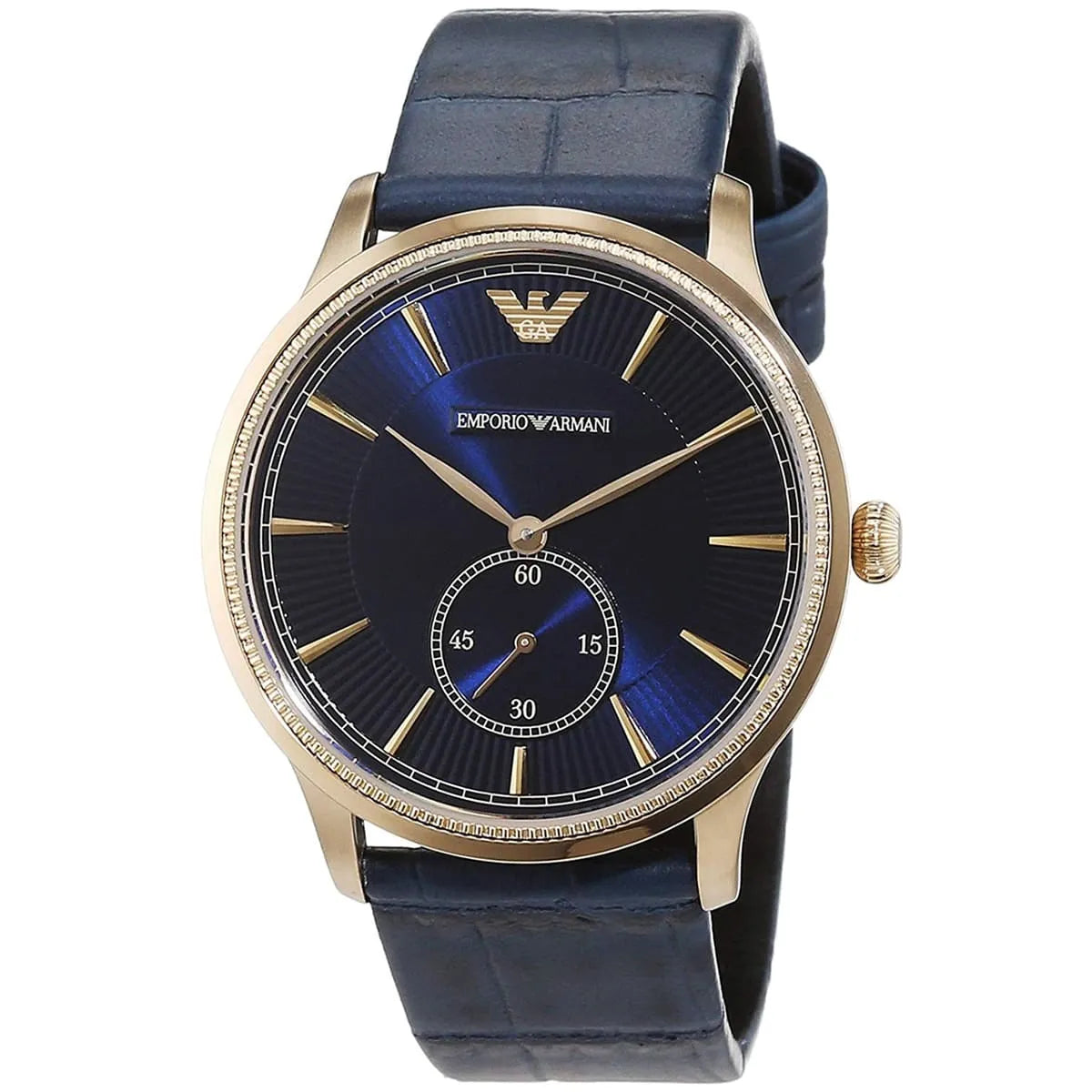 Emporio Armani Kappa AR1848 watch angled view showing navy dial and leather strap