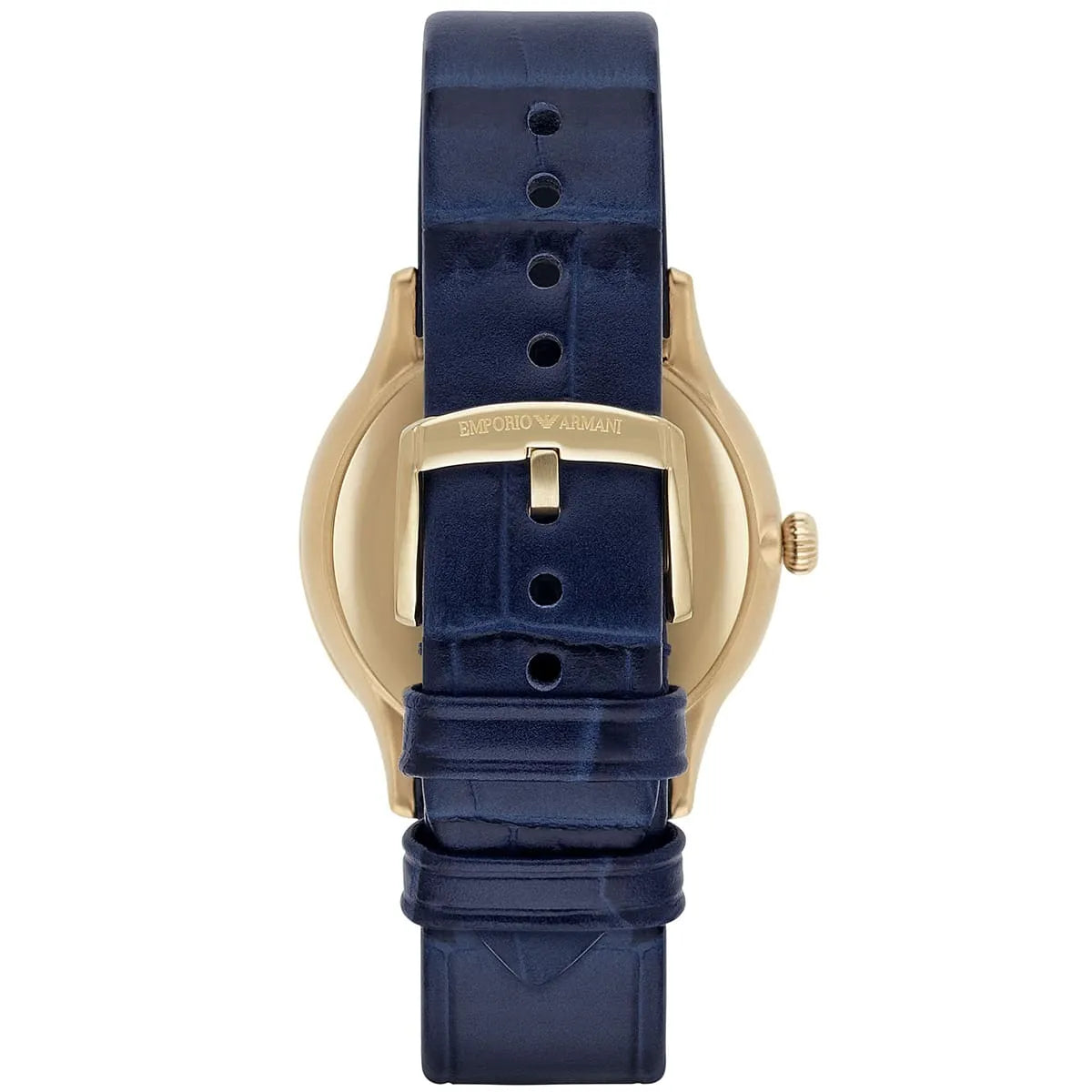 Emporio Armani Kappa AR1848 watch caseback view with gold-tone case and navy strap