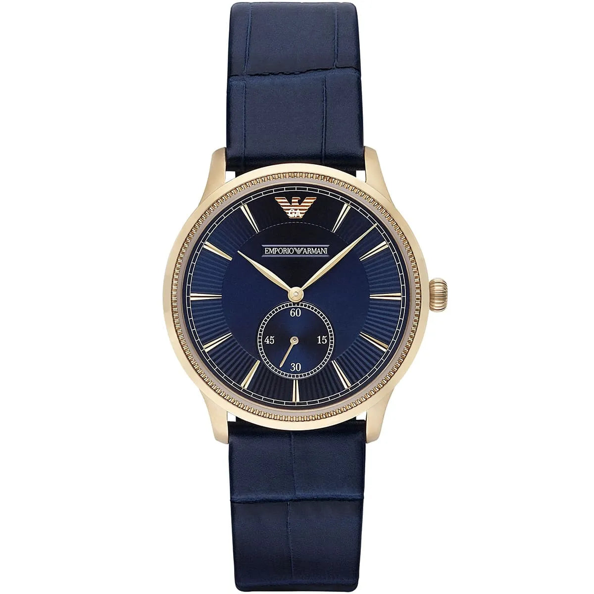 Emporio Armani Kappa AR1848 watch with navy dial, gold case, and navy leather strap