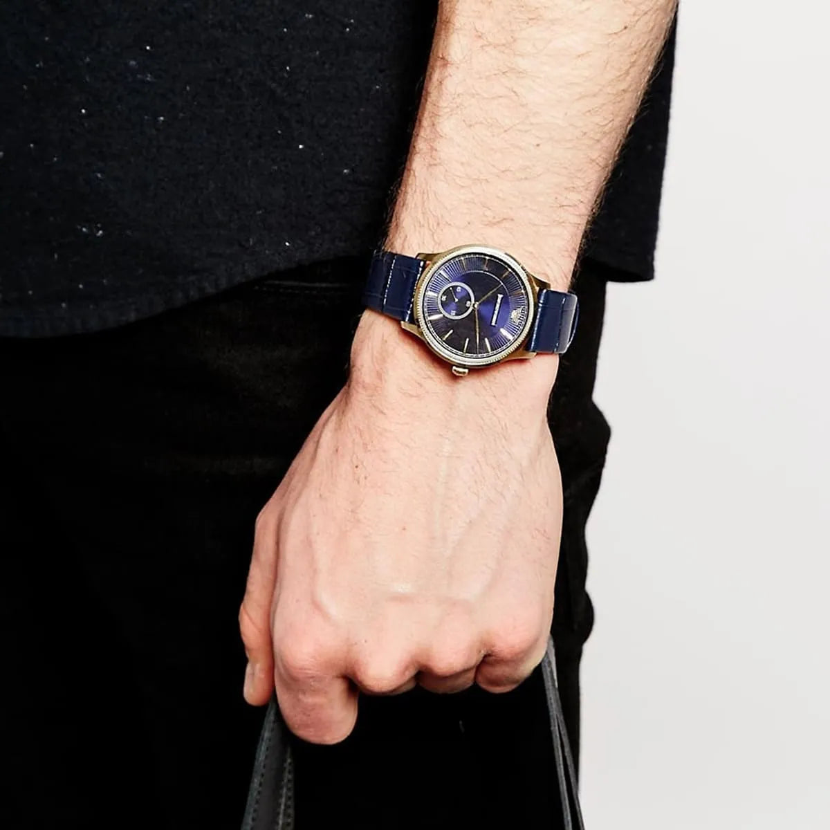 Emporio Armani Kappa AR1848 watch worn on wrist with navy dial and leather strap