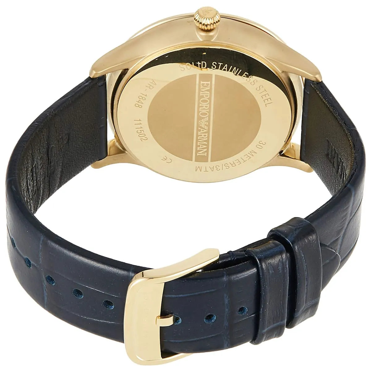 Emporio Armani Kappa AR1848 watch side view with gold case and navy strap detail