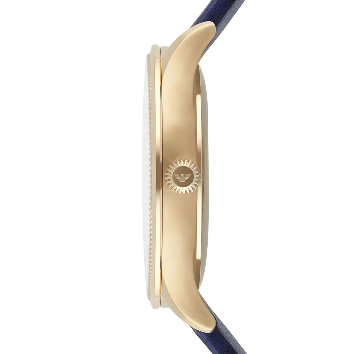 Emporio Armani Kappa AR1848 side profile showing gold case and navy leather strap