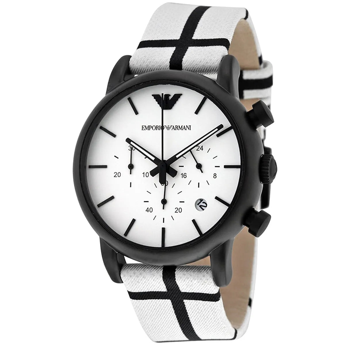AR1859 Emporio Armani chronograph watch angled view showing white dial and black and white striped fabric strap