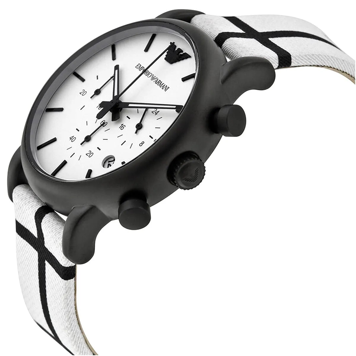 Side view of Emporio Armani AR1859 showing chronograph pushers and white striped strap
