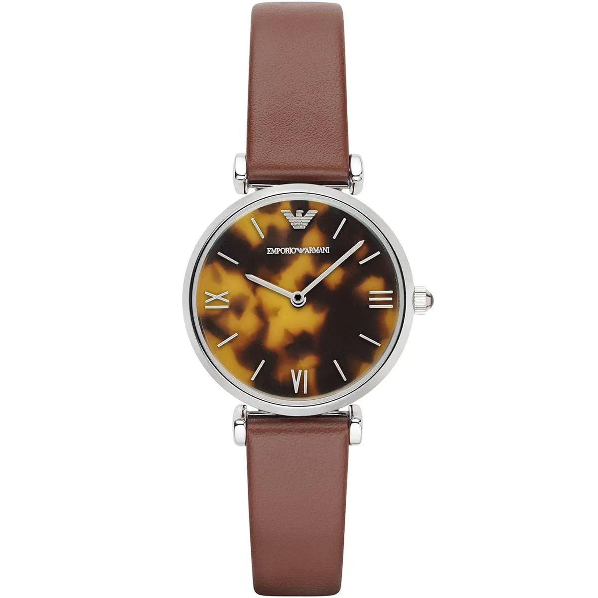 Emporio Armani Gianni T-Bar women's watch with tortoiseshell brown dial and light brown leather strap