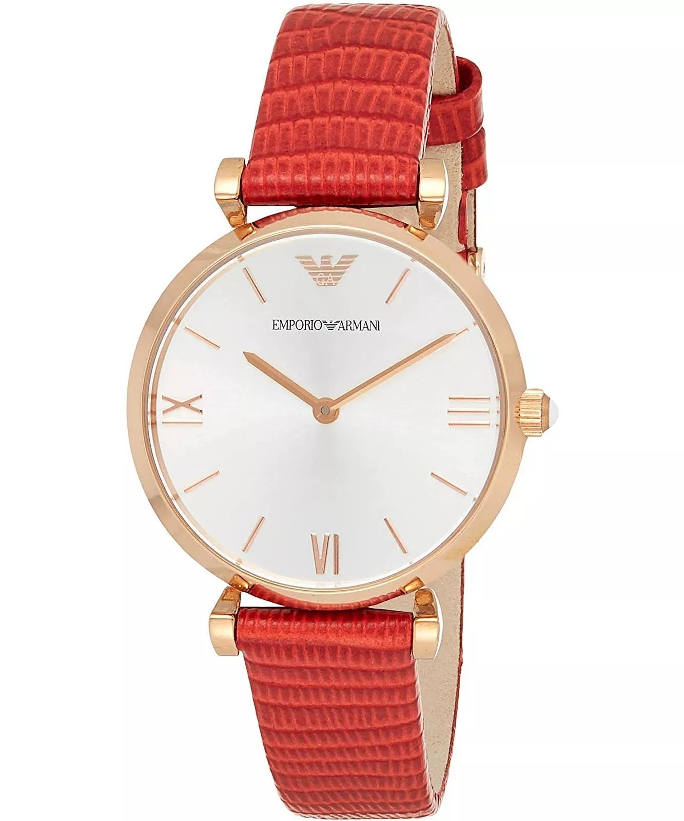Emporio Armani Gianni T-Bar AR1876 rose gold women's watch with white dial and red leather strap