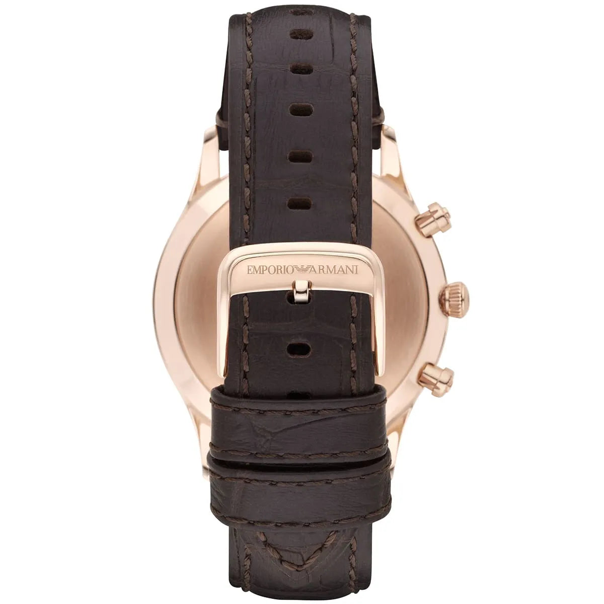 Emporio Armani Beta AR1916 caseback showing eagle logo and dark brown leather strap